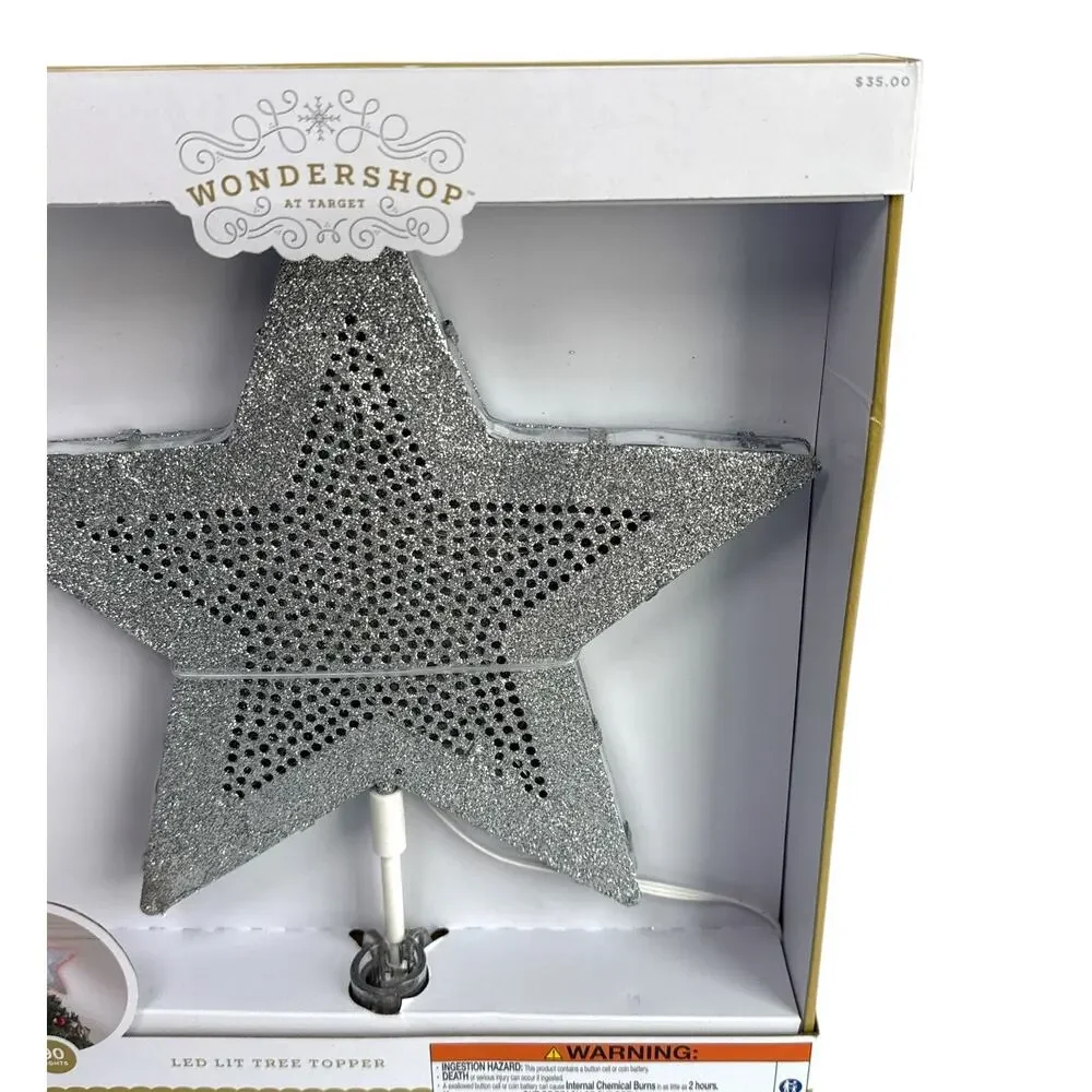 Wondershop LED Star Tree Topper Silver Glitter 90 Lights Christmas NEW